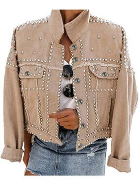 Chic White Cropped Jean Jacket for Women | Distressed Denim, Studded Details
